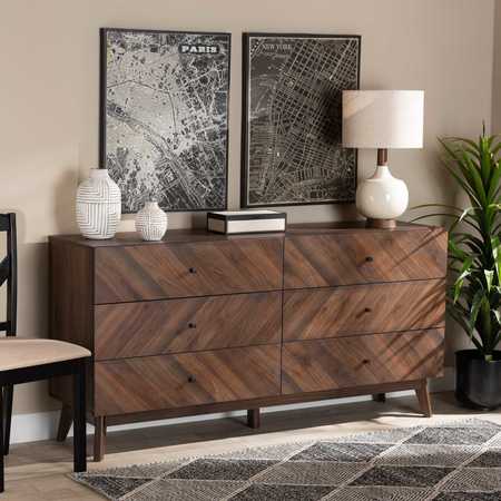 Baxton Studio Hartman Mid-Century Walnut Brown Finished Wood 6-Drawer Dresser 193-11722-ZORO